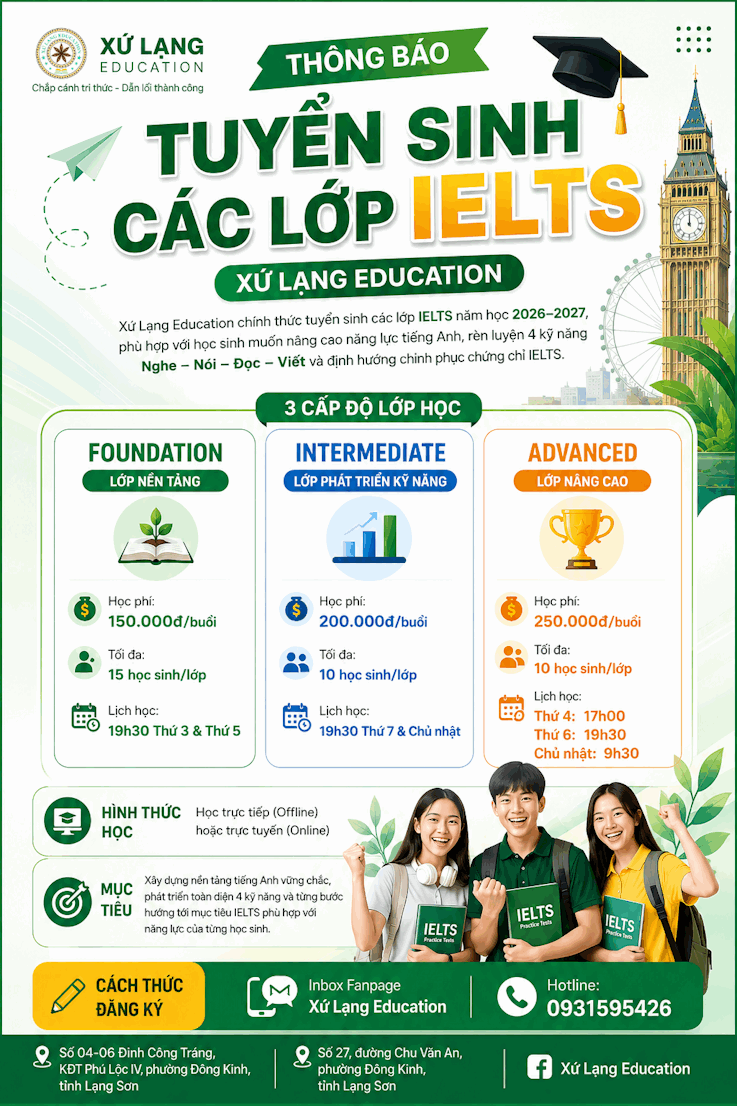 📢 THÔNG BÁO TUYỂN SINH CÁC LỚP IELTS – XỨ LẠNG EDUCATION