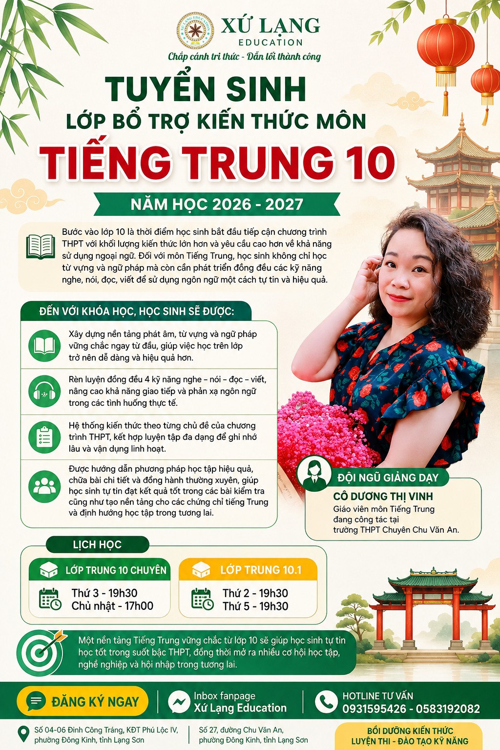 TUYỂN SINH LỚP BỔ TRỢ KIẾN THỨC MÔN TIẾNG TRUNG 10 – NĂM HỌC 2026-2027