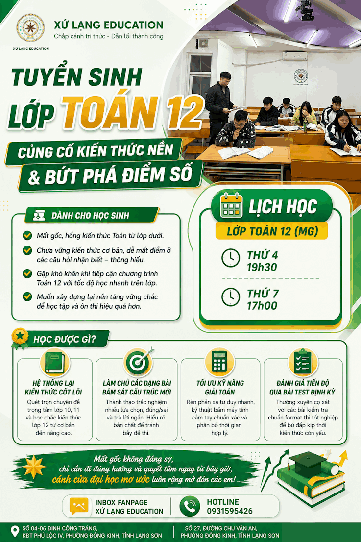 📐 TUYỂN SINH LỚP TOÁN 12 – CỦNG CỐ KIẾN THỨC NỀN &amp; BỨT PHÁ ĐIỂM SỐ